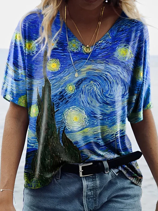 Van Gogh t-shirt med v-halstryk med stjernehimmel