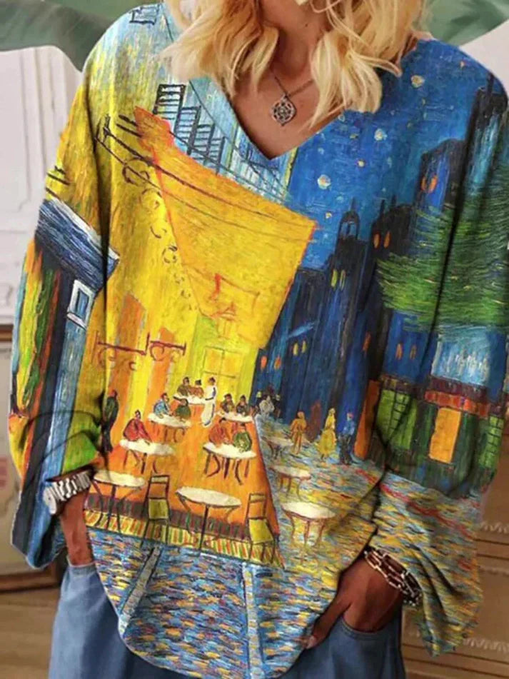 Van gogh art t-shirt med v-hals, løst snit